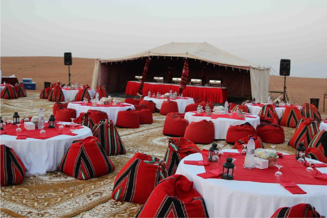 Private dinner table set up at the desert camp