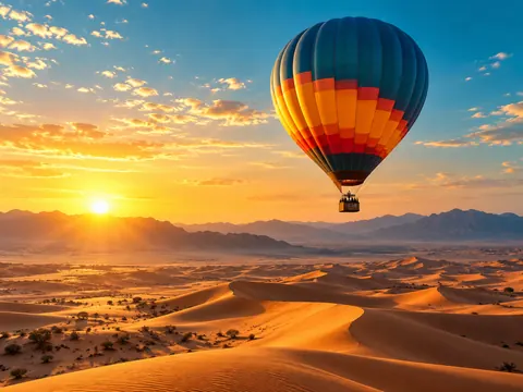 Hot air balloon over UAE desert dunes