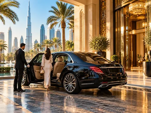 Luxury chauffeur car outside a Dubai hotel