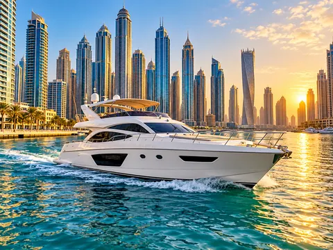 White yacht cruising in Dubai Marina
